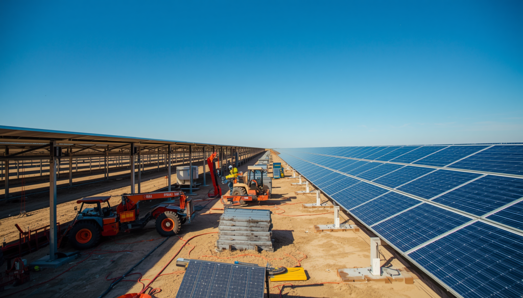 Boîtier timelapse professionnel IP66 avec panneau solaire intégré, installé sur un chantier BTP extérieur | C.lechantier