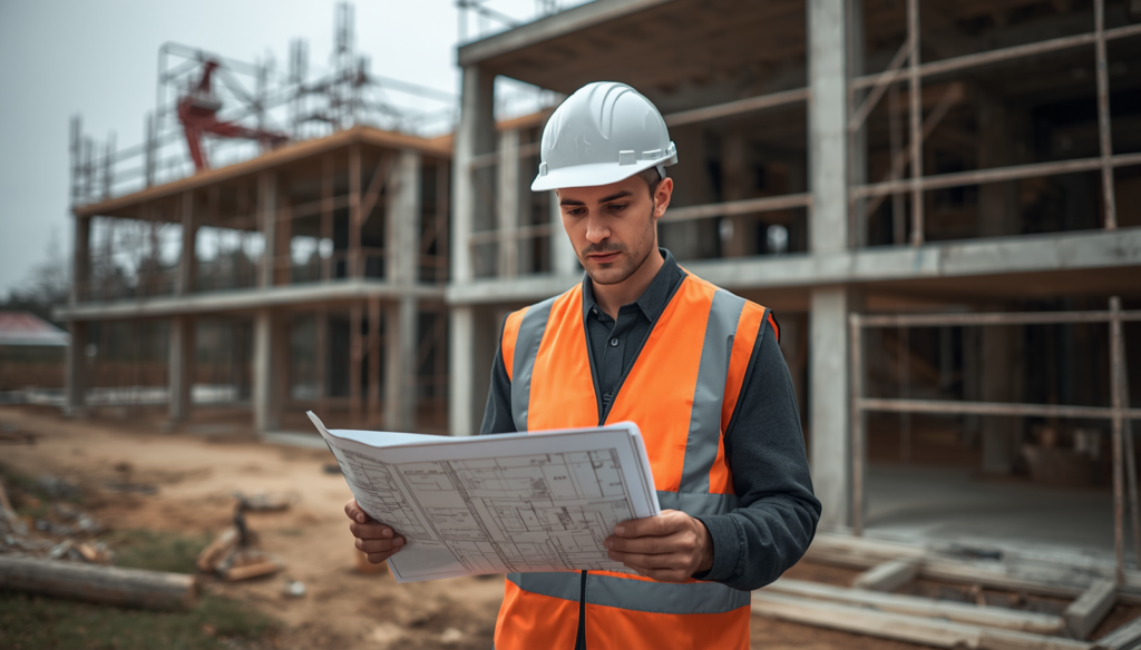 Architecte MOE en visite de chantier consultant ses plans devant une structure en béton en cours de construction | C.Lechantier