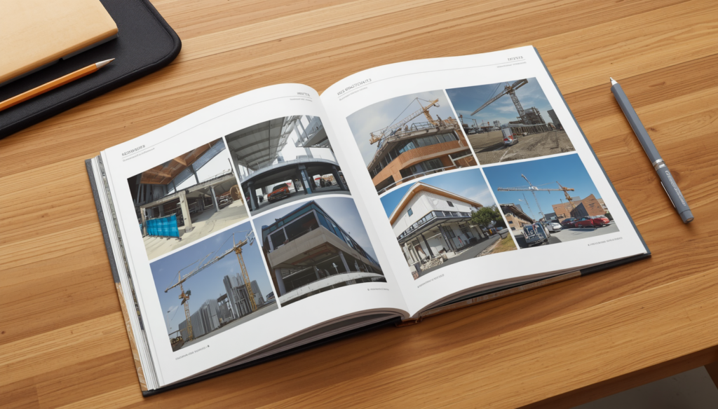 Book de références BTP ouvert présentant des photos de chantier professionnelles avant pendant après, posé sur un bureau lors d'une présentation commerciale | C.Lechantier