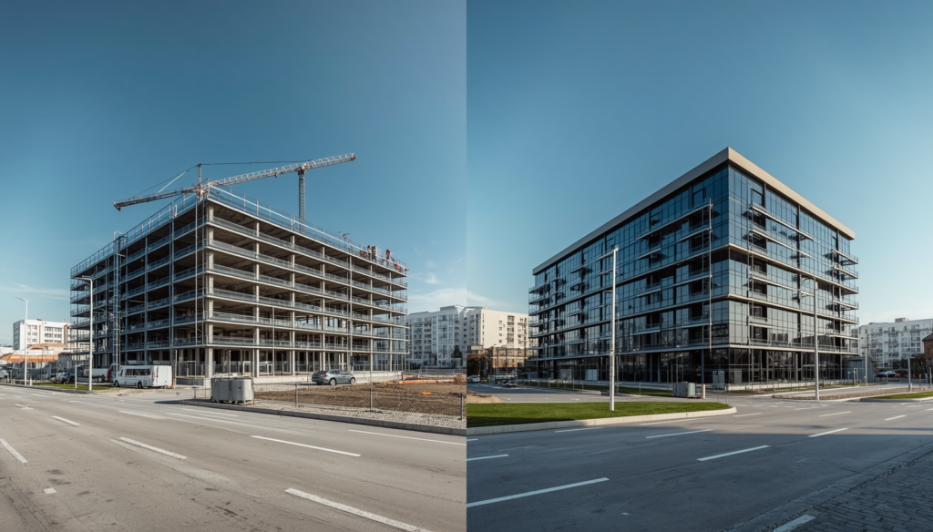 Comparaison entre une photo de chantier statique et une image de timelapse pour illustrer les deux formats d'un book de références BTP | C.Lechantier