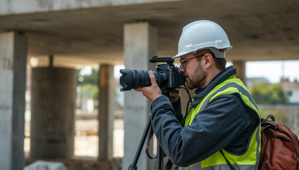 Photographe BTP professionnel en intervention sur un chantier de construction, équipé des EPI réglementaires, appareil photo reflex en main | C.Lechantier