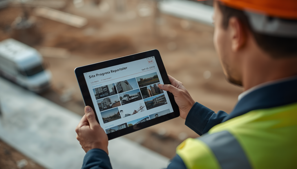 Conducteur de travaux consultant un rapport suivi de chantier sur tablette avec photos datées du chantier C.lechantier