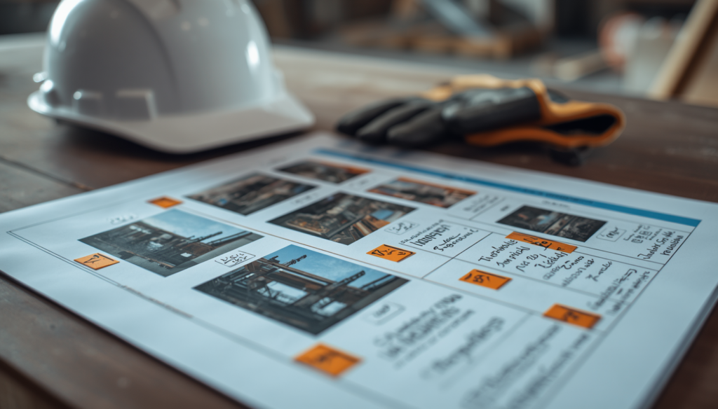Rapport suivi de chantier imprimé avec photos d'avancement et annotations sur un chantier BTP documenté par C.lechantier