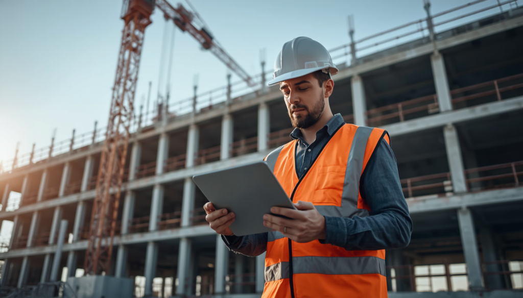 Conducteur de travaux consultant le suivi de chantier en ligne sur tablette avec C.lechantier