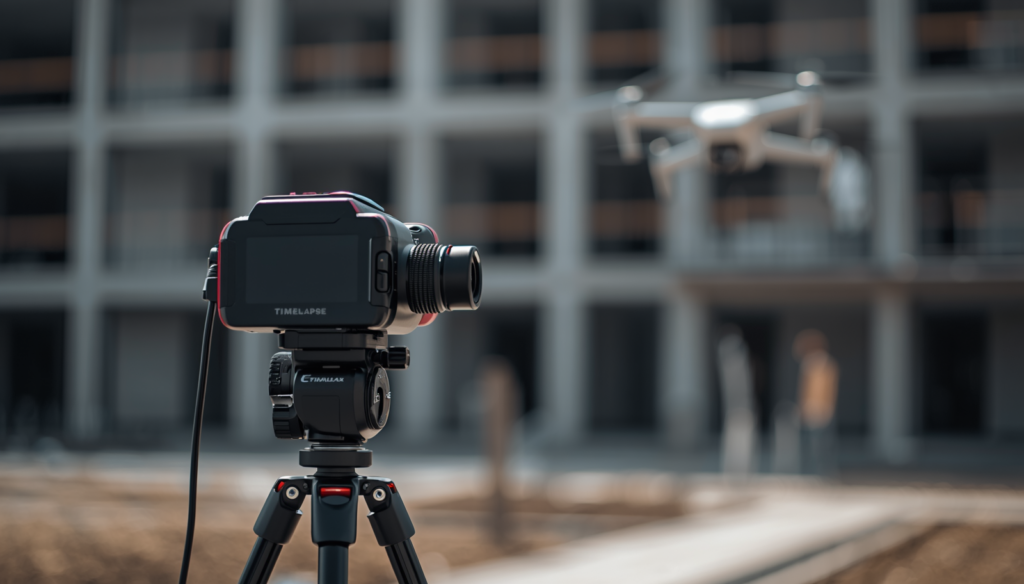 Caméra timelapse fixe et drone en vol combinés pour la surveillance visuelle complète d'un chantier BTP par C.lechantier