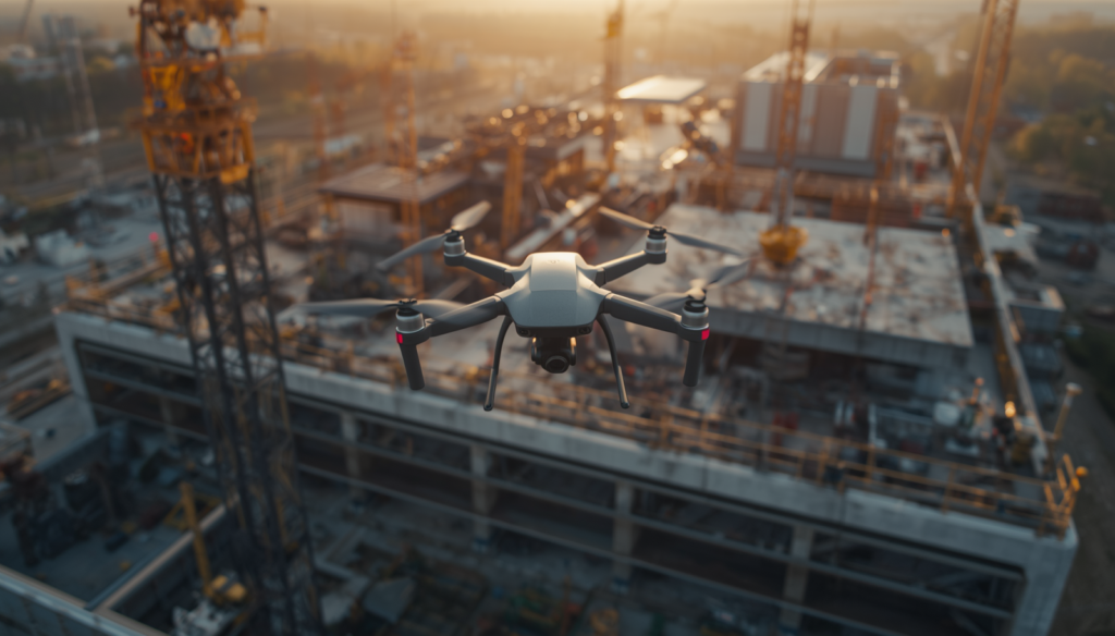 Drone de surveillance en vol au-dessus d'un chantier BTP avec grues et ouvriers en EPI, documentation visuelle par C.lechantier