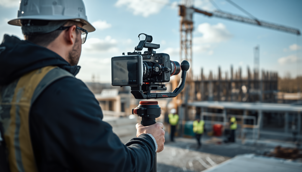 Vidéaste réalisant une vidéo de chantier BTP en tournage sur site, C.lechantier