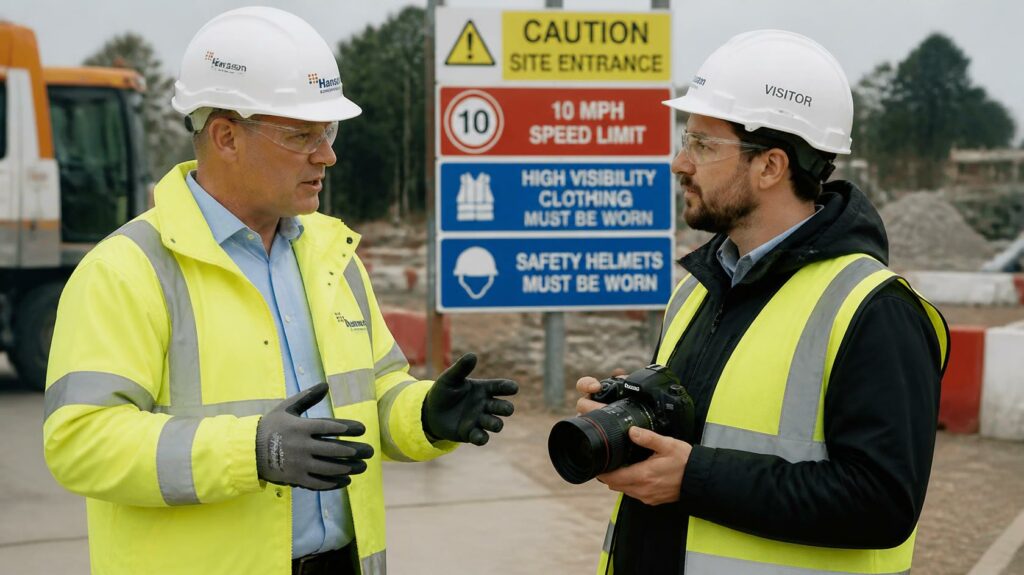 Conducteur de travaux briefant un photographe avant un reportage photo chantier C.lechantier