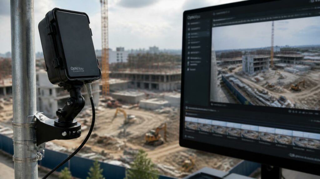 Caméra timelapse installée sur chantier illustrant la famille des outils de suivi visuel | C.lechantier