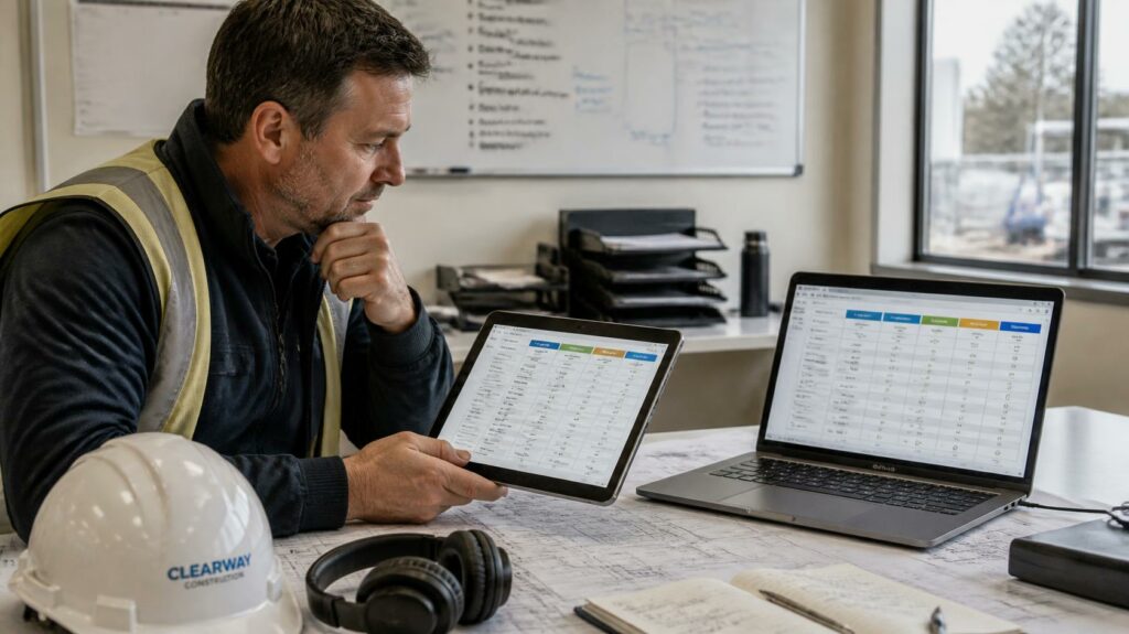 Conducteur de travaux comparant plusieurs outils de suivi de chantier sur tablette et ordinateur | C.lechantier