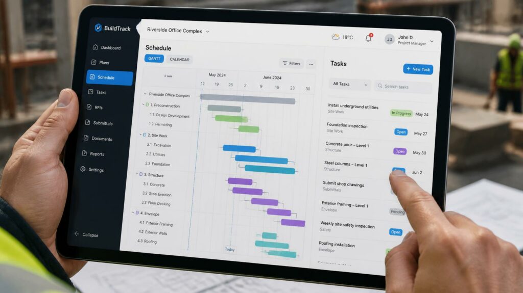 Outil de suivi de chantier logiciel 2026 : Interface de logiciel de gestion de chantier consultée sur tablette par un professionnel du BTP C.lechantier