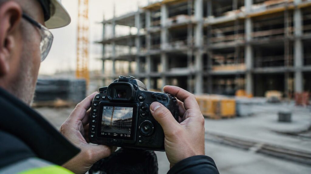 Photographe suivi de chantier réglant son appareil photo face à une structure en construction | C.lechantier