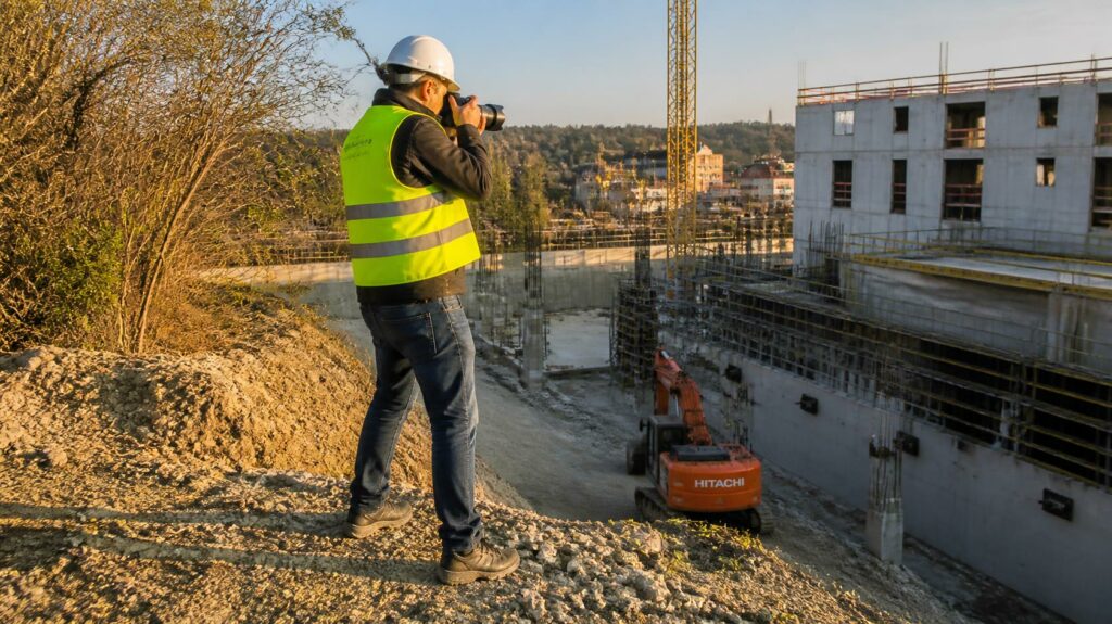 Photographe professionnel équipé de EPI photographiant l'avancement d'un chantier BTP pour un suivi visuel régulier C.lechantier