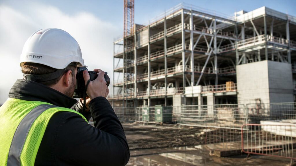 Photographe professionnel réalisant un reportage photo sur un chantier BTP équipé des EPI réglementaires | C.lechantier