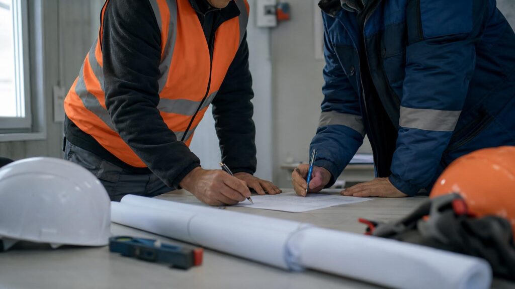 conducteur de travaux faisant signer une autorisation de droit à l'image à un compagnon dans un bungalow de chantier | C.Lechantier