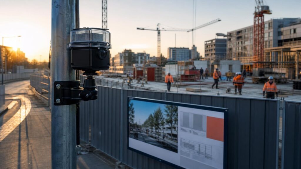 caméra timelapse installée sur un chantier urbain avec panneau d'information des riverains sur la palissade | C.Lechantier