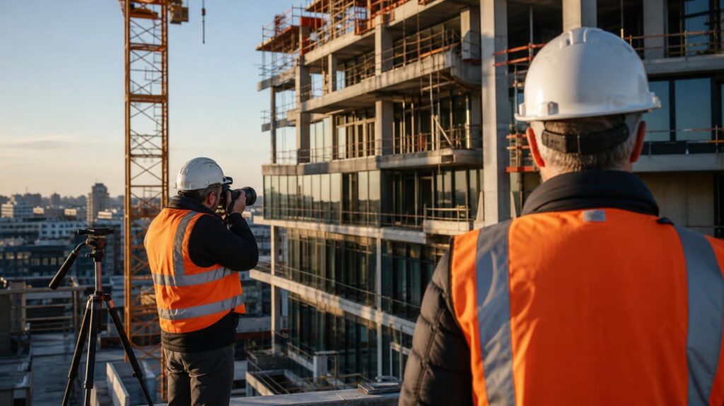 photographe BTP cadrant la façade d'un bâtiment en construction avec un chef d'équipe au premier plan | C.Lechantier