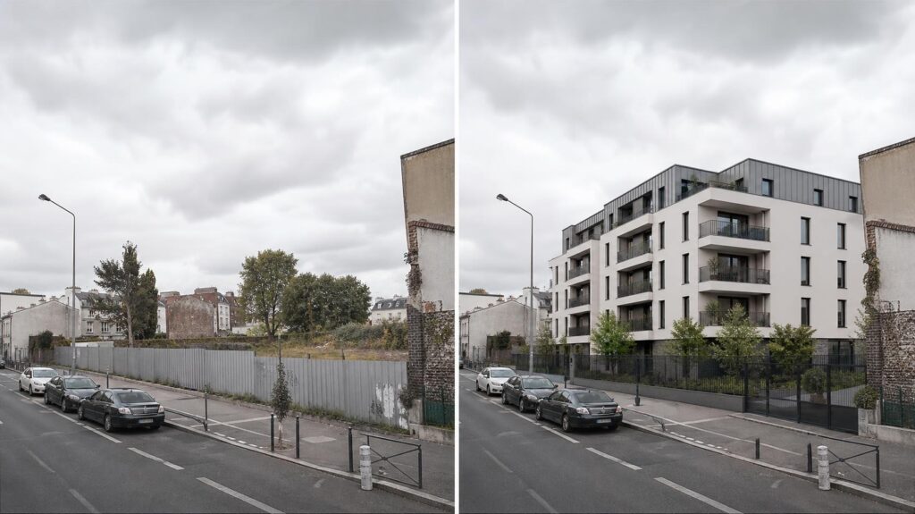 Comparaison avant après d'un chantier de construction résidentielle depuis un même point de vue | C.Lechantier
