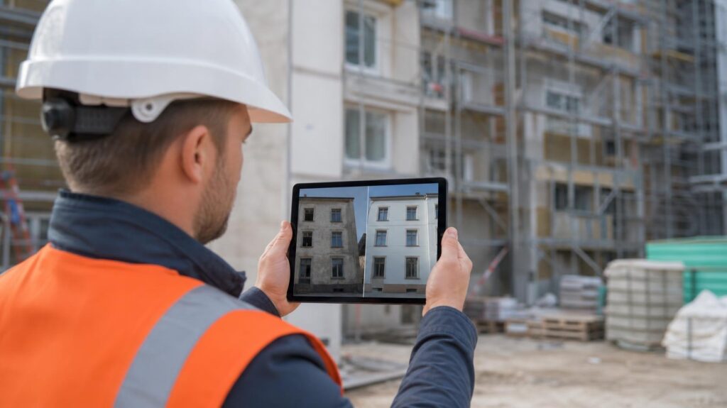 Conducteur de travaux comparant sur tablette la photo avant et la photo après d'une façade réhabilitée | C.Lechantier