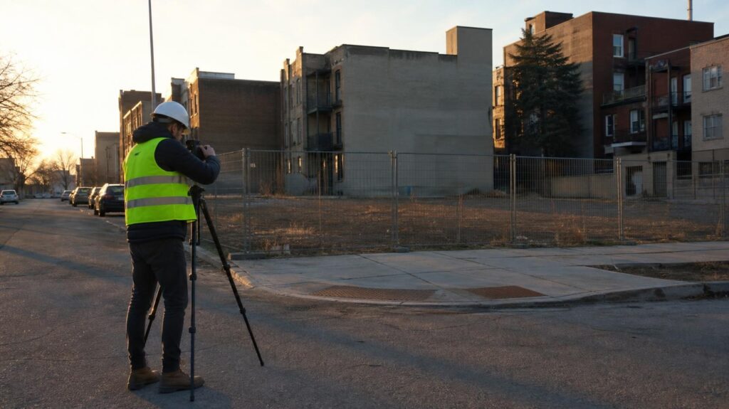 Photographe BTP réalisant la photo d'état initial d'un terrain avant l'installation de chantier | C.Lechantier