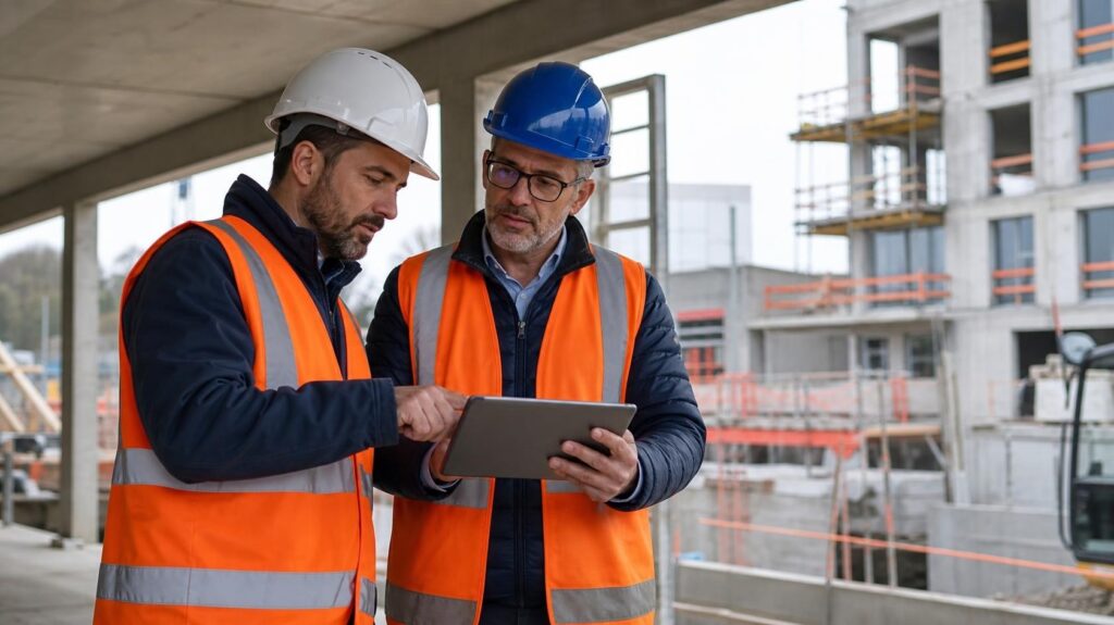 Conducteur de travaux et maître d'ouvrage partageant un suivi de chantier Excel sur tablette, C.lechantier