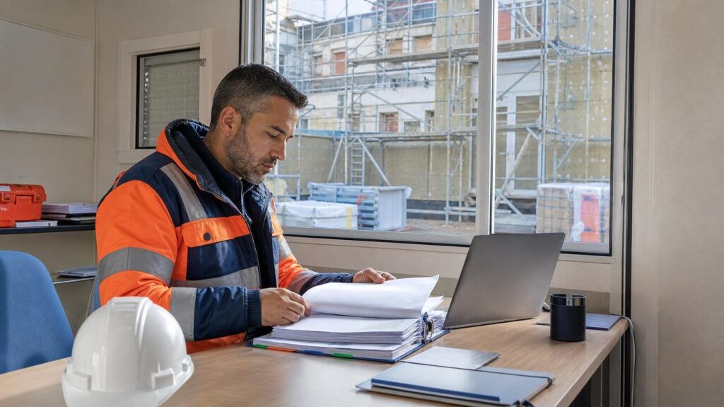Conducteur de travaux consultant un modèle de suivi de chantier Excel sur ordinateur portable, C.lechantier