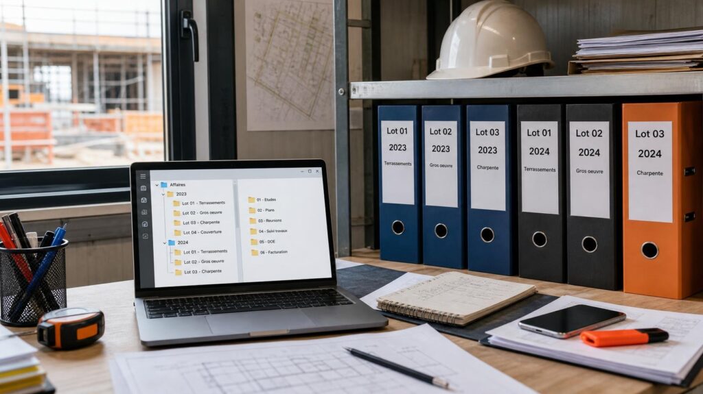 Classeurs d’archives de chantier étiquetés par lot et par année à côté d’un ordinateur affichant des dossiers numériques | C.Lechantier