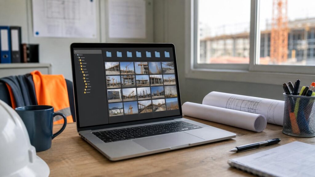 Écran d’ordinateur affichant le classement des photos de chantier par lot, par mois et par date | C.Lechantier