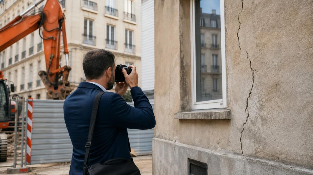 Commissaire de justice photographiant une fissure sur une façade voisine avant le démarrage d’un chantier | C.Lechantier