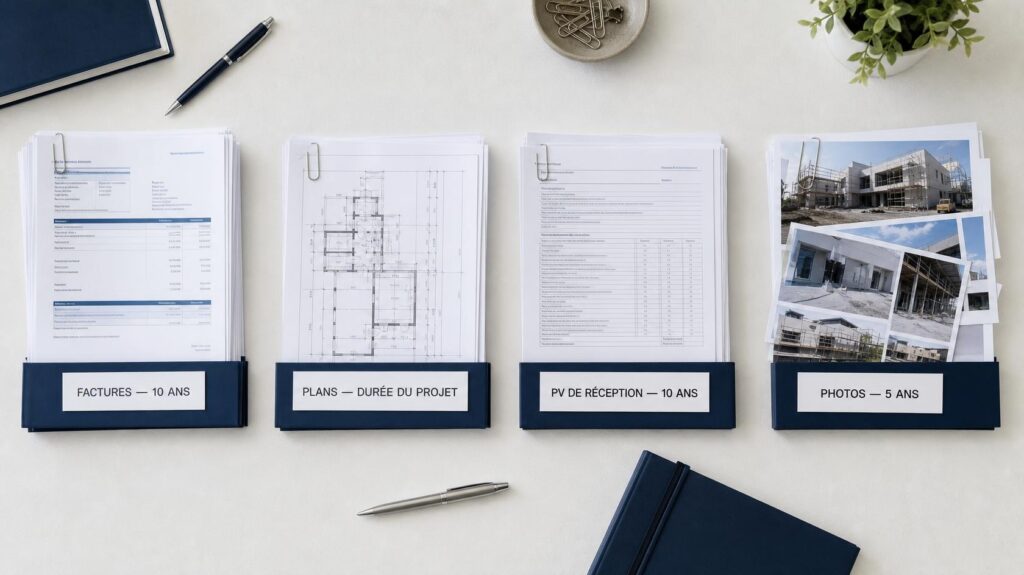 Documents de chantier classés en piles avec étiquettes de durée de conservation | C.lechantier