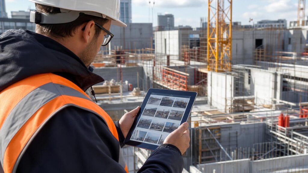 Conducteur de travaux consultant sur tablette des photos de chantier classées par dossiers sur un chantier de gros œuvre | C.Lechantier