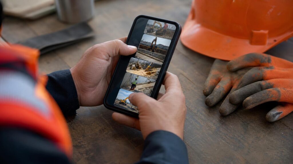 Chef d’équipe tenant un smartphone rempli de photos de chantier envoyées dans une conversation de groupe | C.lechantier