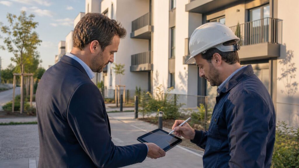 Maître d’ouvrage et conducteur de travaux signant le procès-verbal de réception devant un bâtiment livré | C.Lechantier