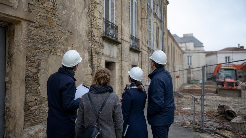 Expert judiciaire inspectant la façade d’un immeuble mitoyen avant le démarrage d’un chantier | C.lechantier