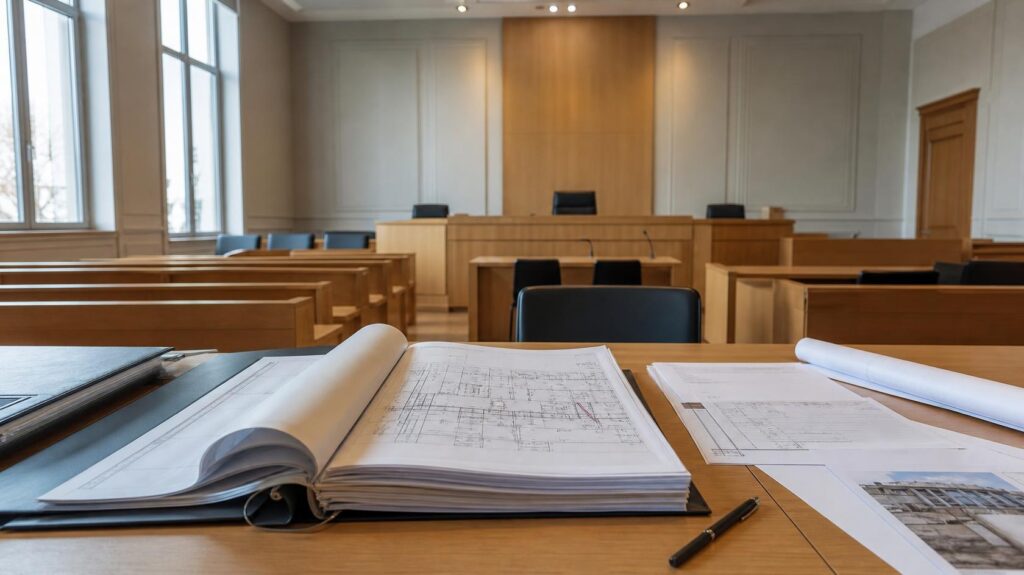 Dossier de chantier et plans posés sur une table lors d’une audience de référé | C.Lechantier