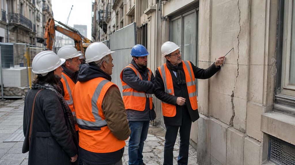 Réunion contradictoire entre expert, maître d’ouvrage, entreprise et voisins devant une façade fissurée | C.Lechantier