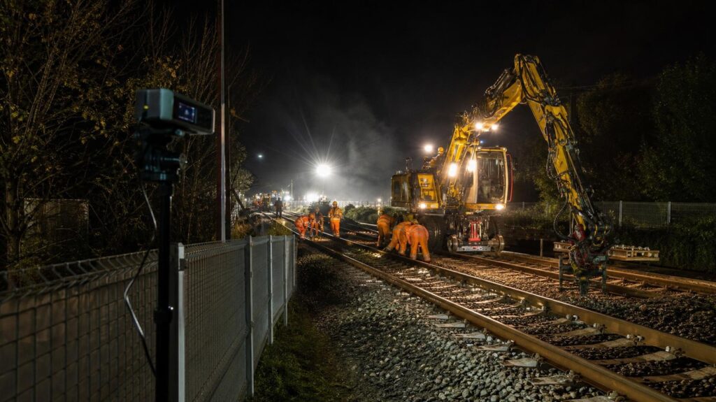 Caméra timelapse installée en retrait d’un chantier de renouvellement de voie ferrée de nuit | C.Lechantier