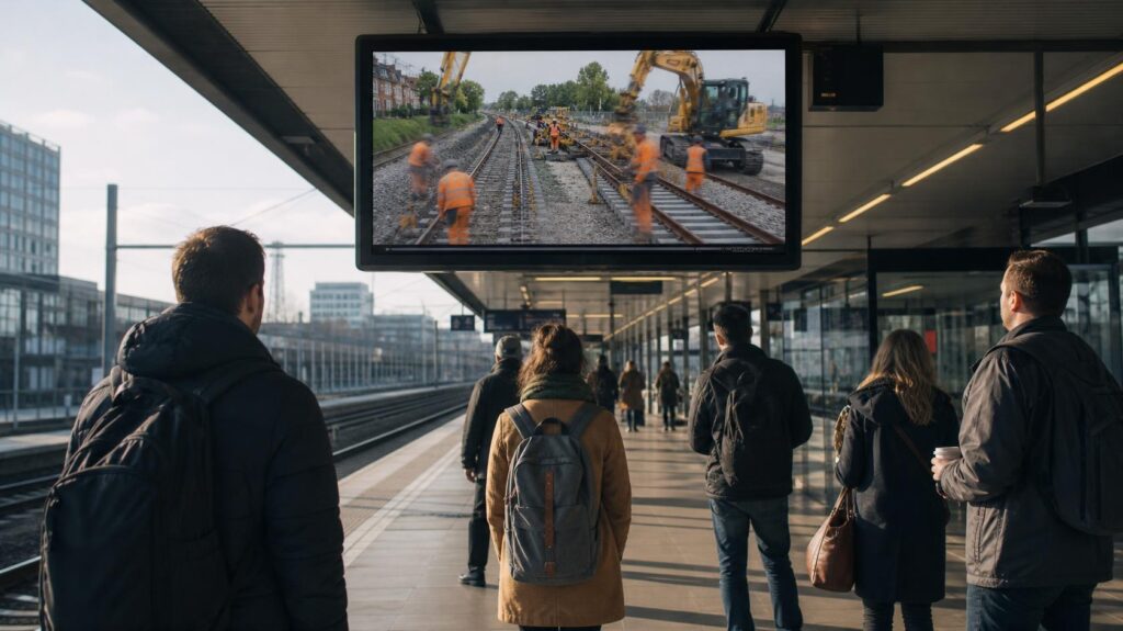Caméra timelapse solaire installée hors de l’emprise ferroviaire, voies et caténaires au loin | C.Lechantier